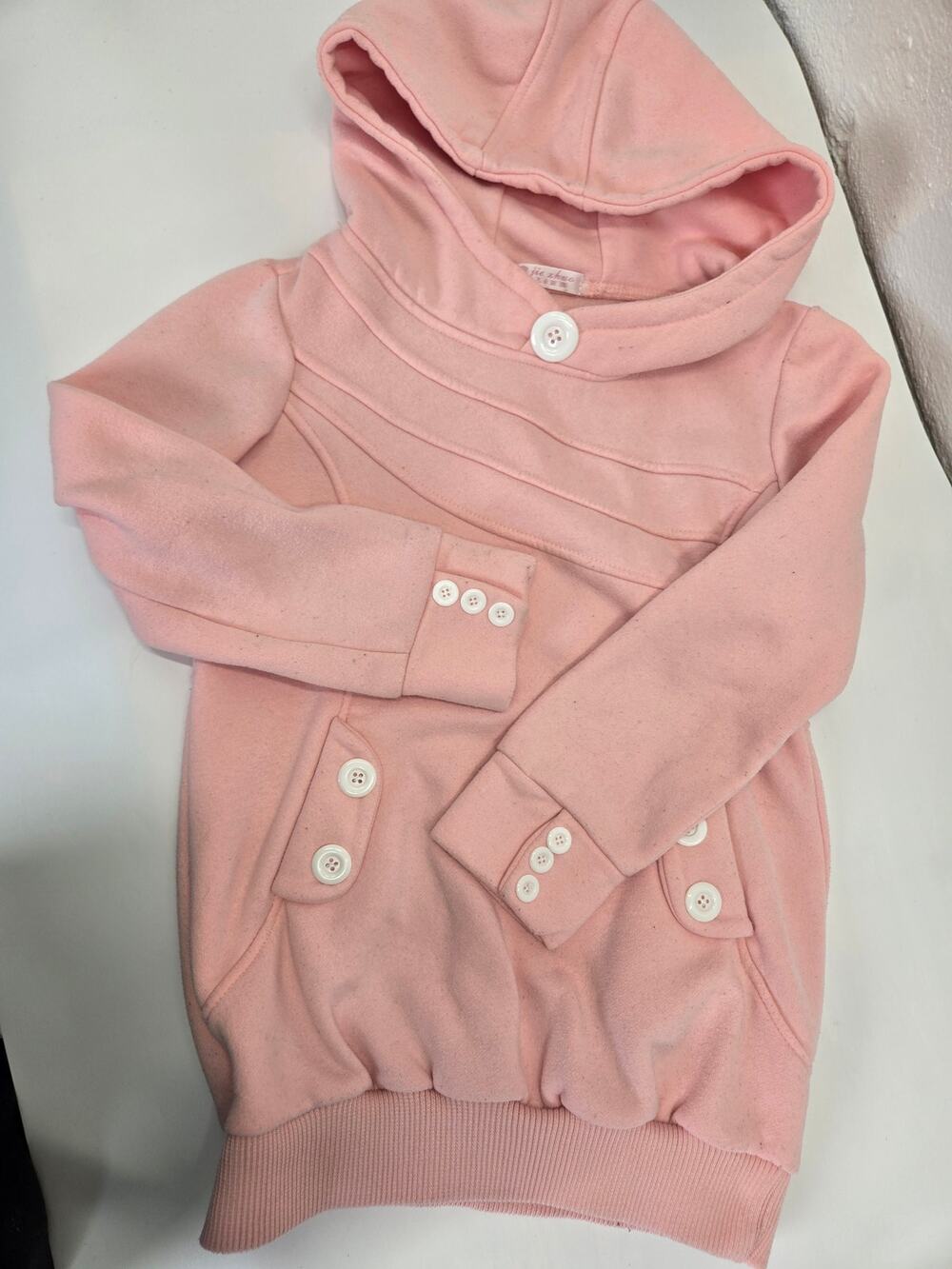 Pink Kawaii Oversized Hoodie White Button Detail Pullover Pockets